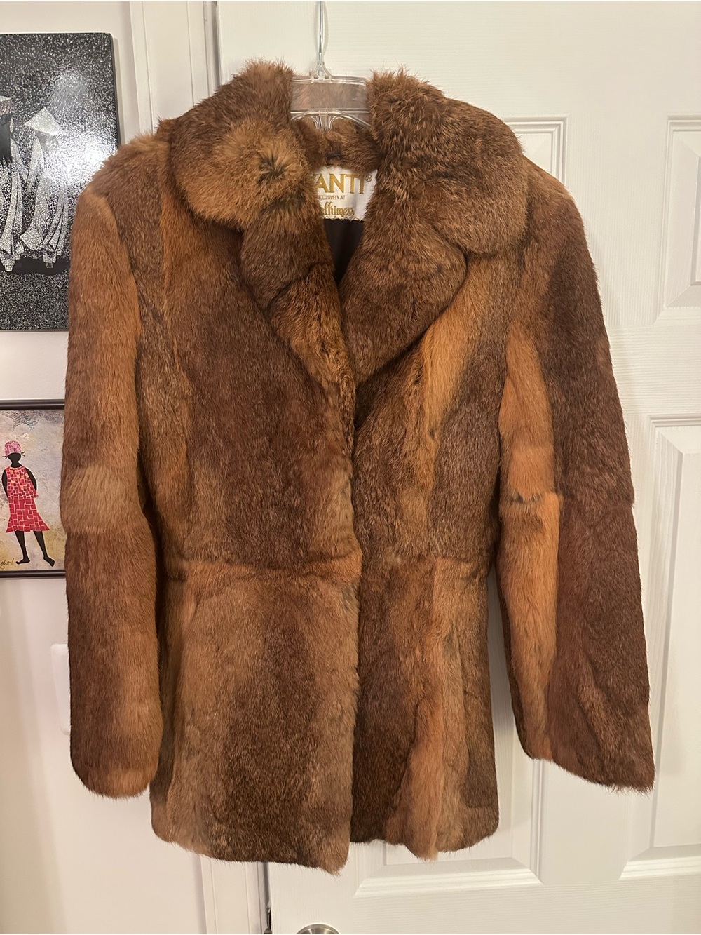 Avanti Vintage Brown Rabbit Fur Jacket w/ black leather belt, size Small